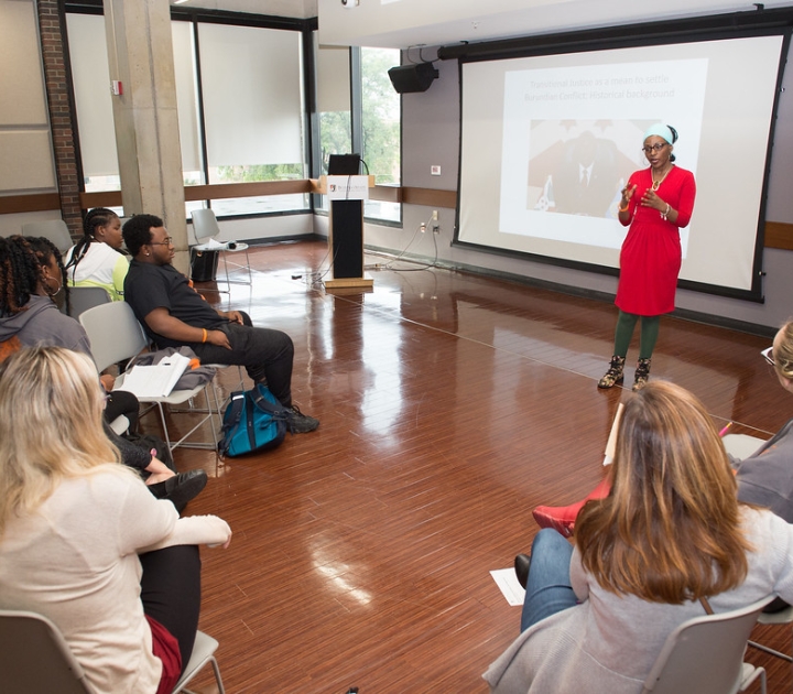 Esperance Gatorethe speaks about transitional justice in Burundi during the 2018 Social Justice Festival at Buffalo State.