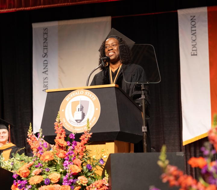 Sheila Rayam giving her speech