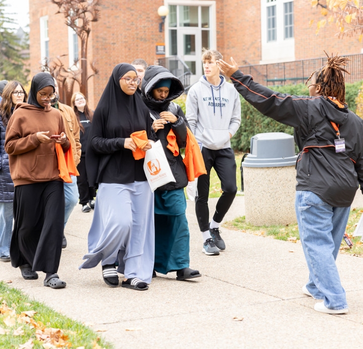 Students taking a campus tour